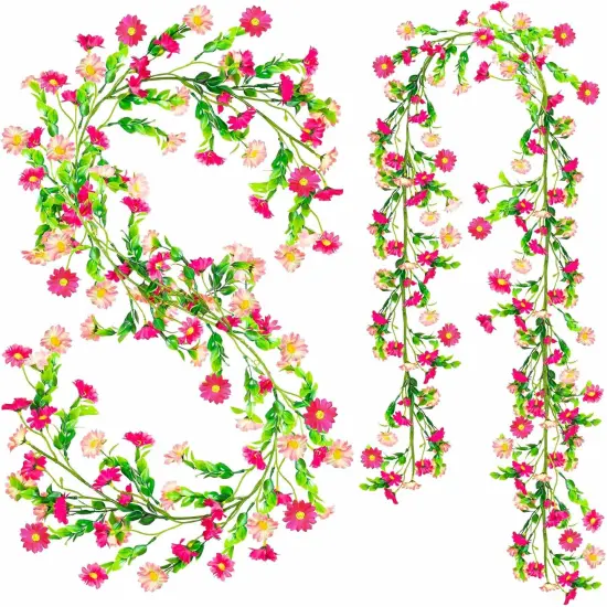 2 Pack Spring Flower Garland, 13.6 Ft Silky Artificial Pink Garland with Pink Daisy and Vine, Floral Garlands Decoration for Room Wall, Flower Themed Party, Wedding Supplies {1}
