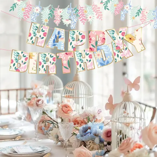 3PCS Wildflower Happy Birthday Banner Pre-strung No DIY Floral Flower Theme Birthday Banner Spring Happy Birthday Banner Flower Banner Garland for Girls Women {4}