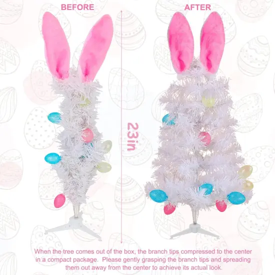 Easter Table Decorations, 23 Inch Lighted Easter Bunny White Tree, Pre-lit Artificial Tabletop Tree with Bunny Ears and Eggs, Battery Operated Light Up for Indoor Spring Home Bedroom Decor {2}