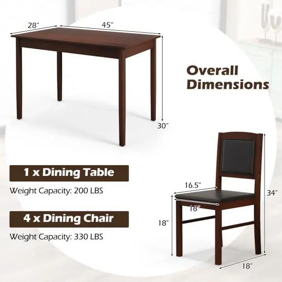 5-Piece Dining Set for 4 with Rubber Wood Legs, Compact Design for Small Dining Room Brown {5}