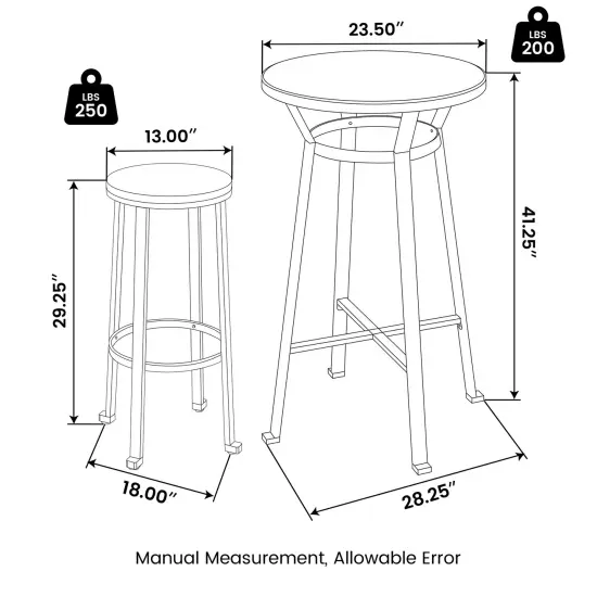 Set of 3 Steel Bar Table and Bar Stool Pub Set (1 Table+2 Stools) Brown {9}
