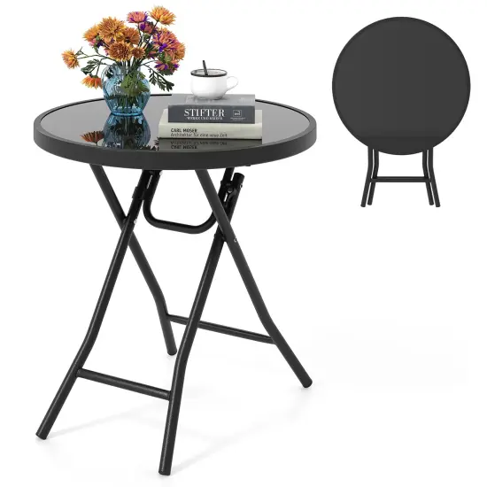 Black Metal Folding Side Table 18 Inch Round Compact Patio Coffee Table with Easy Storage {4}