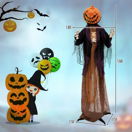 5.6 Feet Halloween Animated Pumpkin Scarecrow with Sound Activated Moan and Glowing Green Eyes {4}