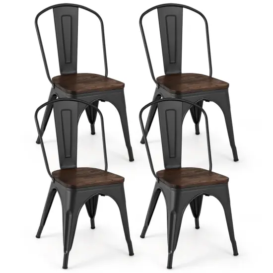 Metal Style Dining Chairs Set of 4, Stackable Kitchen Chairs with Wood Seat Black {1}