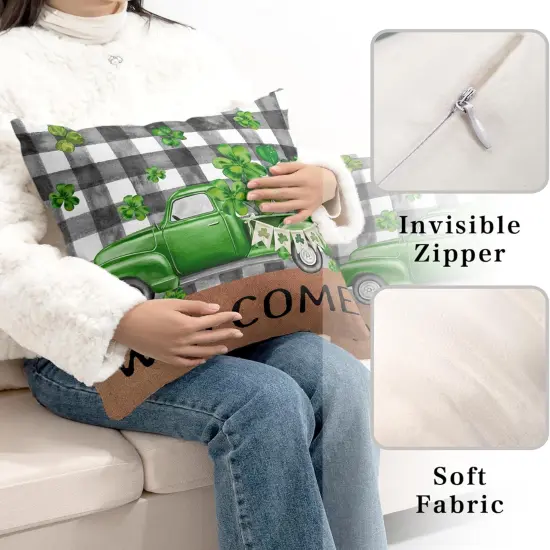 St Patricks Day Pillow Covers 18x18 Set of 2 Green Lucky Truck Filled with Shamrock Decorative Pillow Covers Buffalo Plaid Truck {5}