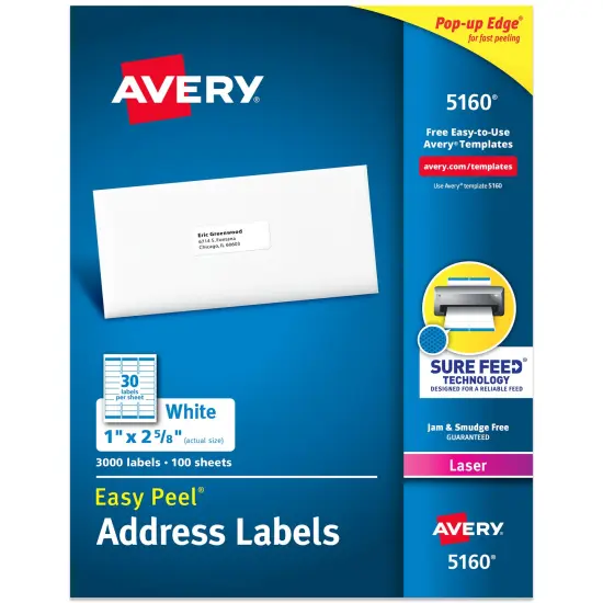 Avery Easy Peel Printable Address Labels with Sure Feed, 1" x 2-5/8" Customizable Stickers, White, 3,000 Blank Mailing Labels, Great for Mailing, Shipping, and More (5160) {1}