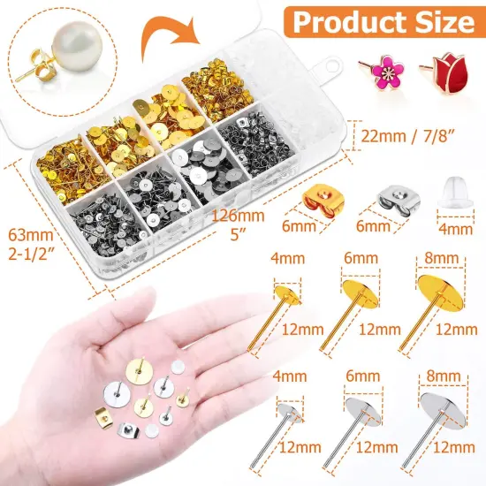 Earring Posts and Backs, Caffox 2000pcs Stud Earring Making Kit with Earring Base and Earring Backs for Leather Stud, Clay, Pearl Jewelry Making (Gold & Silver) {3}