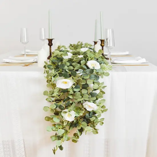 6.56ft Eucalyptus Garland with Flowers-8 White Roses, Artificial Fake Flowers Greenery Garland Floral Vines for Decoration Party Wedding Table Indoor Outdoor Backdrop Wall Decor(White) {2}