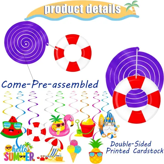 Summer Hanging Swirls Beach Pool Hanging Swirls 20Pcs Summer Party Decorations Hello Summer Ceiling Hanging Decor Streamers for Summer Hawaiian Luau Birthday Baby Shower Party Supplies {2}