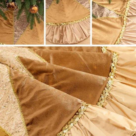 Luxury Gold Scalloped Christmas Tree Skirt, 48-Inch Holiday Tree Base Cover with Sequins and Pleated Trim {4}
