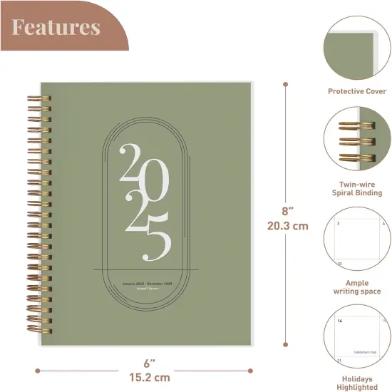 Rileys 2025 Weekly Planner - Annual Weekly & Monthly Agenda Planner, Jan - Dec 2025, Flexible Cover, Notes Pages, Twin-Wire Binding (8 x 6-Inches, Green) {4}
