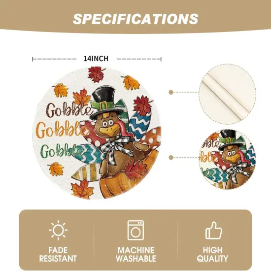 Set of 4 Gobble Turkey Maple Leaves Thanksgiving Placemats - 15 Inch (Brown/Beige) {5}