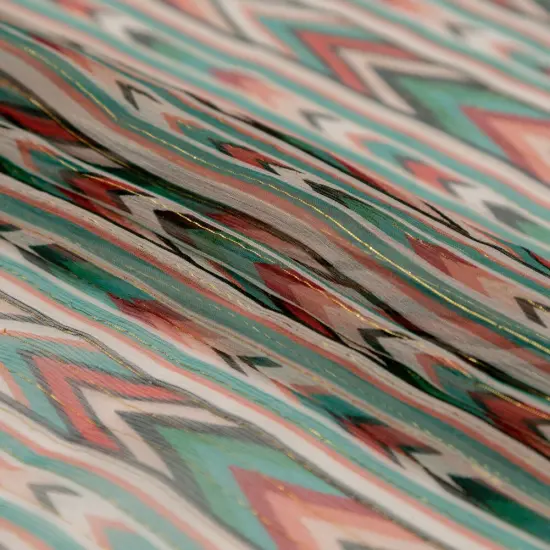 1 Yard Jade and Coral Geometric Silk Chiffon with Metallic Gold Stripes Luxury Material 50 Inch Width {3}