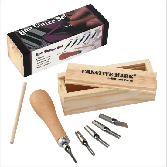 Creative Mark Linoleum Carving Tools Set with Ergonomic Beechwood Handle, 5 Tempered Steel Blades, Block Printing Linocut Tools for Soft Linoleum or Pine, Wooden Storage Box Included {1}