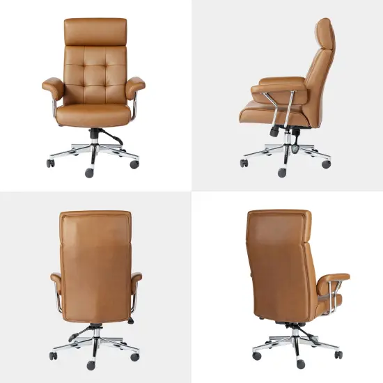 Mid-Century Modern Brown Leatherette Gaslift Adjustable Swivel High Back Office Chair with Armrest {5}
