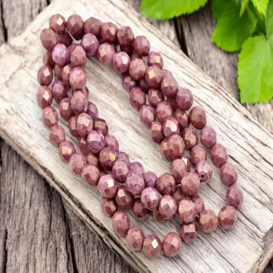 *25* 8mm Gold Lustered Opaque Mauve Fire Polished Round Beads {3}