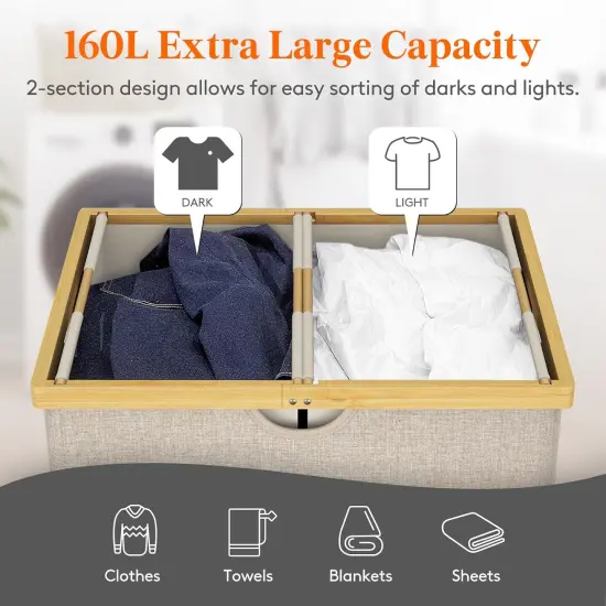 Double Laundry Hamper with Lid, Extra Large Bamboo Laundry Basket Dirty Clothes Hamper, 2 Section Laundry Bin Organizer for Laundry Room Bedroom {2}