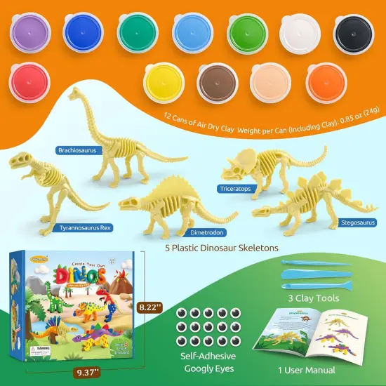 Dinosaur Air Dry Clay Kit &ndash; Create 5 Dinosaur Models with 12 Colors of Modeling Clay, Instruction Guide &ndash; Fun & Educational Craft Set for Kids {2}