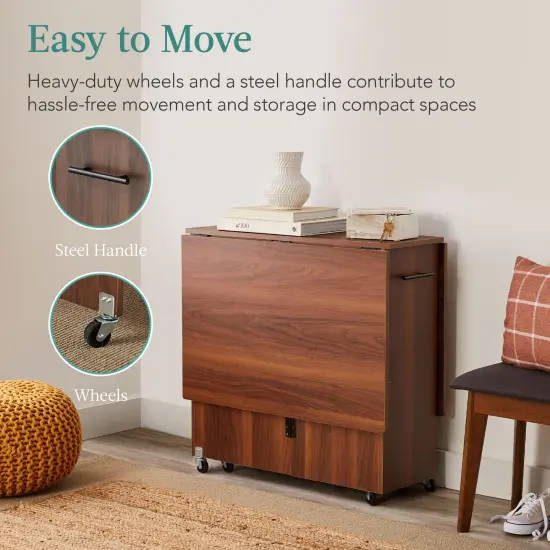 Best Choice Products Multipurpose Folding Table w/ Wheels, 3 Storage Shelves, Cubby, Handle Brown {5}