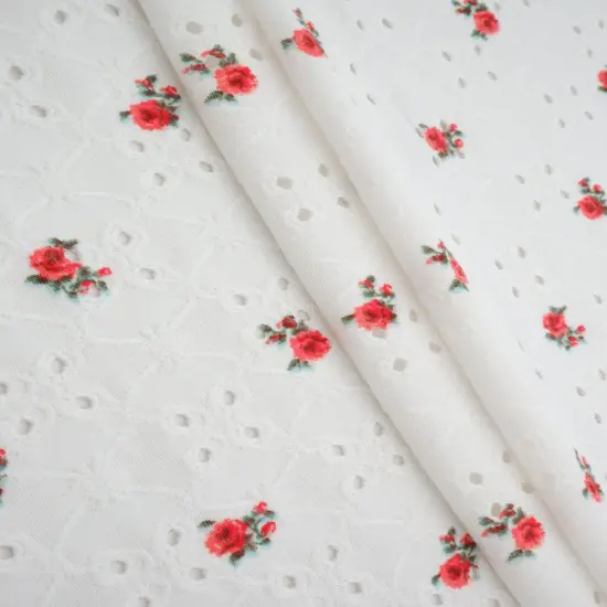 1 Yard Ivory & Coral Red DTY Knit Jacquard Ditsy Eyelet Print Fabric 58/60 Inches Wide {1}
