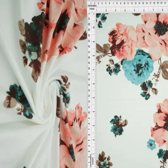 Brushed DTY Knit with Oversized Floral Print Soft Stretch Fabric, 58/60" Wide DENIM/BLUSH {6}