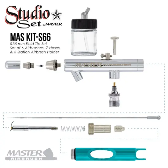 Master S66 Airbrush Set with 6 Precision Siphon Feed Airbrushes, 6 Station Airbrush Holder with Air Regulated Manifold, 7 Air Hoses & 6 Bottles {3}