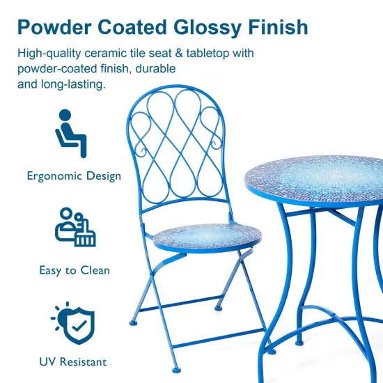 Set of 3 Outdoor Metal and Ceramic Tile Blue Folding Bistro Set {5}