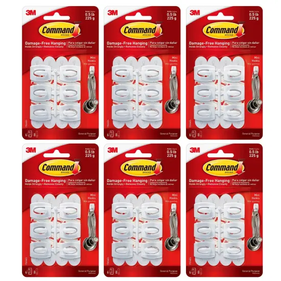Command&trade; Mini Hooks, White, 6 Per Pack, 6 Packs {1}