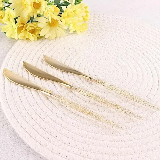 24 Clear 9" Plastic Knives Gold Glittered Handle Disposable Wedding Tableware {3}
