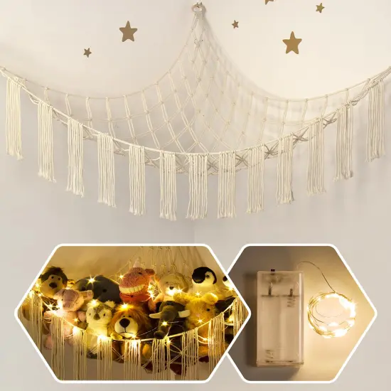 Stuffed Animal Hammock Corner Storage with LED Light - Toy Hammock Large Plushie Net - Stuffed Animal Holder Hanging Organizer - Teddy Bear Hammock Room Decorations Preppy Toddler Kids Room Decor {1}