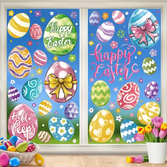 DIYDEC 6 Sheets Easter Window Clings Large Easter Eggs Window Decals Oil Painting Eggs Flowers Stickers for Home Office School Decor Spring Glass Window Decoration {4}
