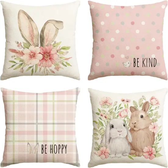 Easter Rabbit Flower Buffalo Plaid Be Hoppy Throw Pillow Cover, 18 x 18 Inch Polka Dot Bird Be Kind Cushion Case Decoration for Sofa Couch Set of 4 {1}