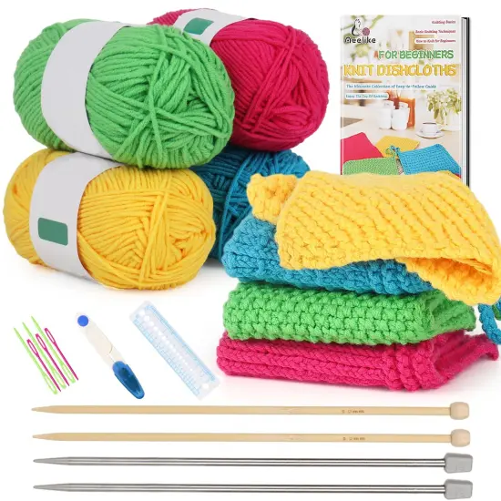 Knitting Kit for Beginners, Complete Beginner Knitting Kit Easy Knitting Set Including Knitting Needles Set Cotton Yarn, Learn to Knit Dishcloth with Step-by-Step Instructions, Colorful {1}