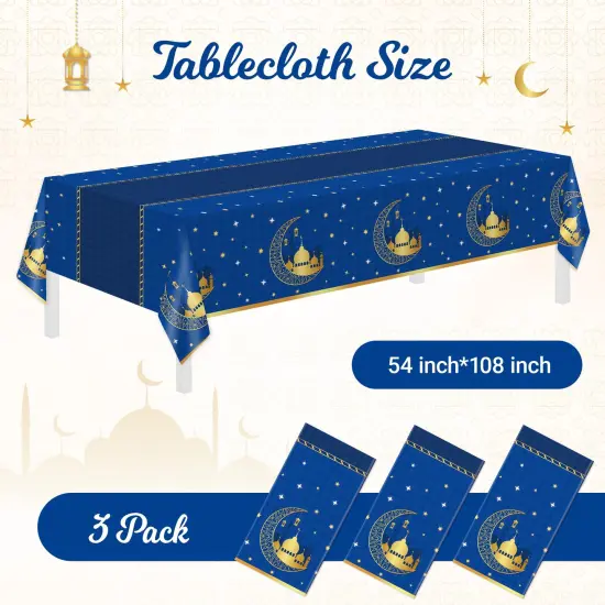 Ramadan Decorations, Table Cloth Rectangle, 3Pack Blue Tablecloth Disposable Ramadan Mubarak Decor Gift Eid Mubarak Decorations, Table Cover 54"x108" for Home, Kitchen, Outdoor Decoration for Ramadan {4}