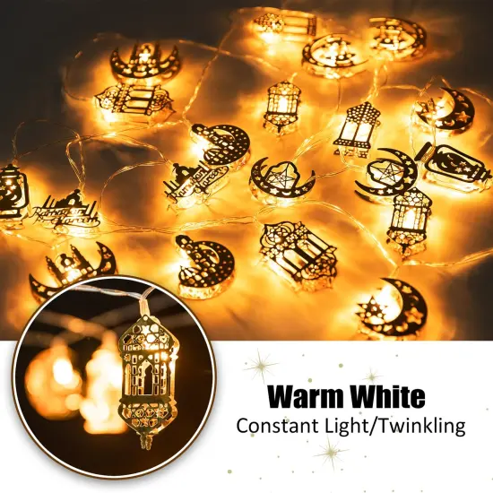 Ramadan Eid String Light - 9.8 ft 20 LEDs Mubarak String Light, Muslim String Decor with Moon Star Kerosene Lantern Palace Ornaments for Islamic Indoor Outdoor Home Garden Party Supplies - White Bulb {5}