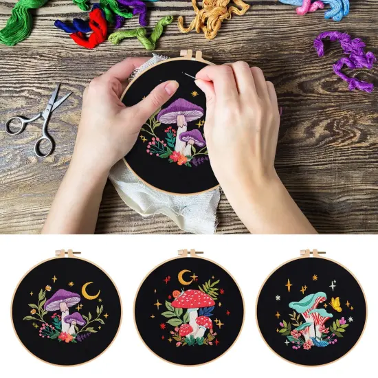 Nuberlic 3 Pack Embroidery Kit for Beginner Adults, Stamped Cross Stitch with Mushroom Patterns Include 3 Hoop, Cloth Thread Needles and Instructions {3}