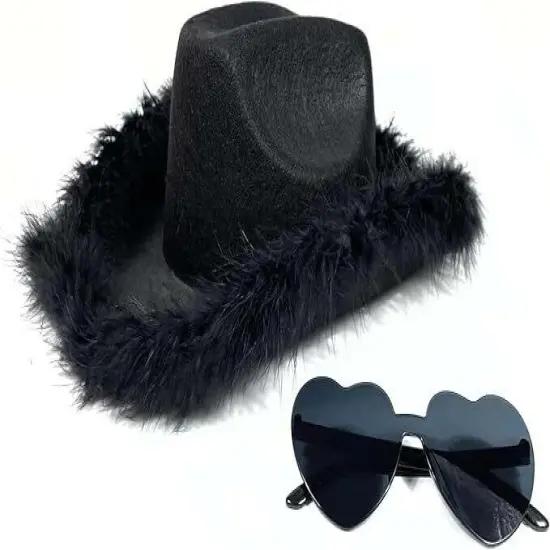 4E's Novelty Black Cowboy Hat with Feathers and Heart Sunglasses for Women - Black Cowboy Hat, Oversized Heart Glasses - Cowboy Hat for Costume Party {1}