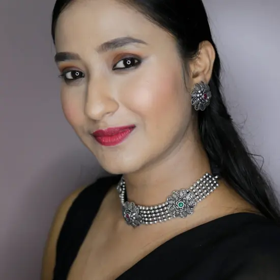 Indian Oxidized Jewelry Boho Tribal Jewelry Indian Long Necklace Bohemian Jewelry Afghani Tribal Tassel Long Ghungroo Necklace Earrings Set Choker Necklace Fashion Jewelry WHITE {3}