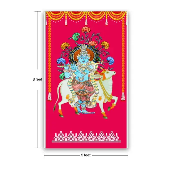 Krishna with Cow Backdrop Indian Traditional Rani Cloth 5x8 Feet Backdrop Pooja Wall Decor Indian Wall Art Photo Decor Banner Indian Wedding Favor Decorative Cloth {4}