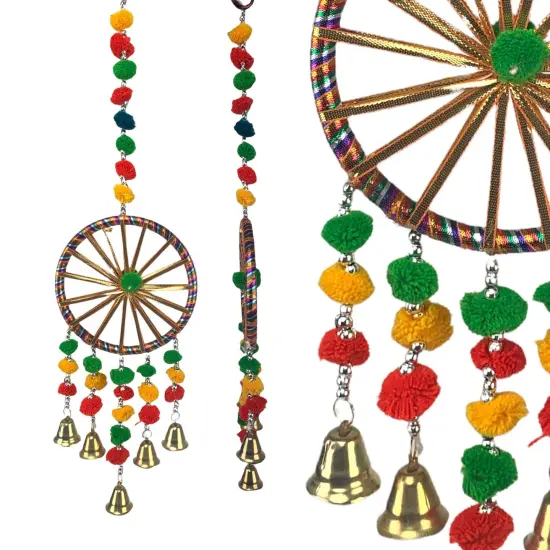 Ring Wall Hanging with Pompom Rajasthani Traditional Handicraft Wall Art Hanging Wind Chime Decorative Showpiece Diwali Gift Latkan for Home Office Decor Window Indian Housewarming Gift {1}