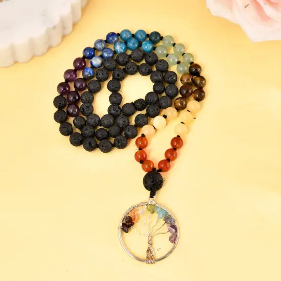 108 Mala Beads Necklace 7 Chakra Tree of Life Lava Rock Stone Natural Healing Crystal Gemstones Yoga Meditation Japa Mala Beaded Life Tree Pendant Hand Knotted Prayer Beads Rosary Jewelry {2}