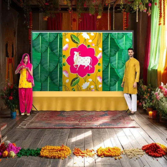 Pichwai Cow Print Backdrop 5x8 Feet Backdrop Indian Traditional Cloth Banana Leaf Decor Indian Pooja Wall Decor Indian Wall Art Photo Decor Banner Decorative Pooja Cloth Wedding Favor {1}