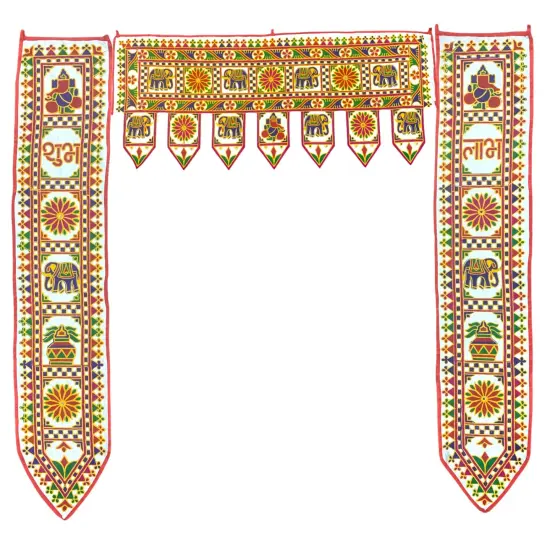 3 Pcs Indian Fabric Door Toran 42 Inch Ganesha Shubh Labh Bhandarwal Hanging Valance Traditional Wall Decorative for Window Home Temple Decor Wedding Diwali Navratri Puja Housewarming Decor {4}