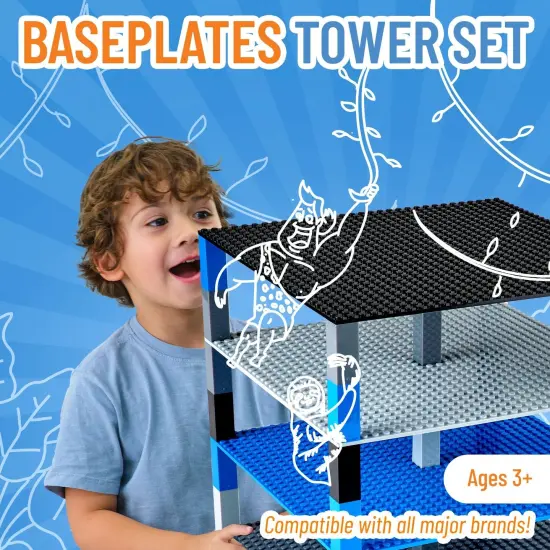 Strictly Briks 4 Pack Classic Stackable Baseplates 10x10 in, with 32 x 32 Studs, Towers, Shelves, 100% Compatible with All Major Brands, 4 Plates & 30 Stackers, Black/Blue/Gray, Ages 3-14 Multicolor {2}