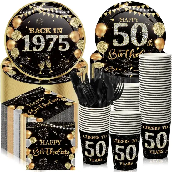 240 Pcs 50th Birthday Party Tableware Sets Include Plates Napkins 9oz Cups Cutlery Anniversary Dinnerware Party Supplies for Men Women Him Her, Serve 30 Guests (Black Gold) {1}