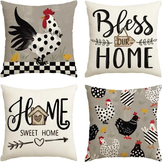 Farmhouse Chicken Home Sweet Home Throw Pillow Covers, 18 x 18 Inch Bless Our Home Seasonal Cushion Case Decoration for Sofa Couch Set of 4 {1}