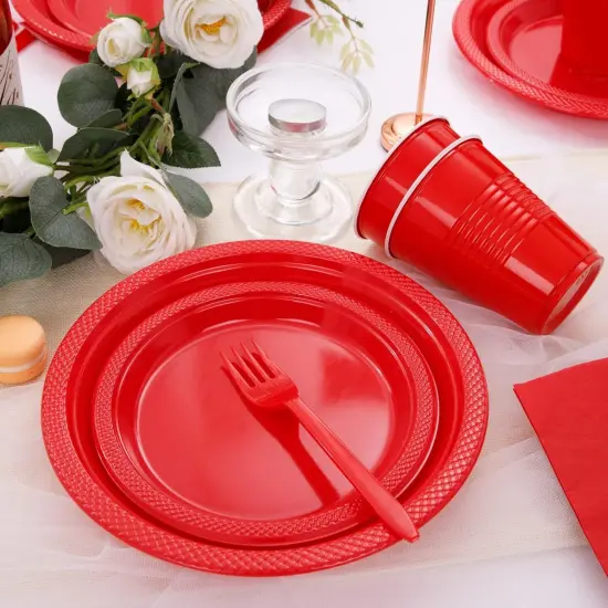 210 Pieces Red Party Supplies Disposable Dinnerware Set, Including Red Plastic Plates, 12OZ Cups, Plastic Cutlery and Paper Napkins {2}