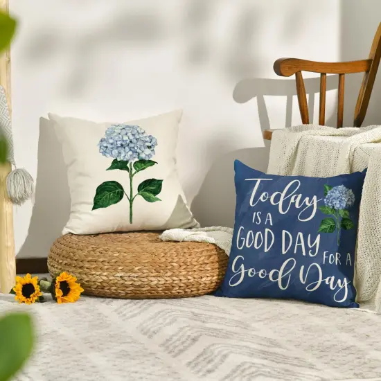 Blue Hydrangea Spring Summer Throw Pillow Covers, 18 x 18 Inch Today is A Good Day Dark Blue Cushion Case Decoration for Sofa Couch Set of 4 {4}