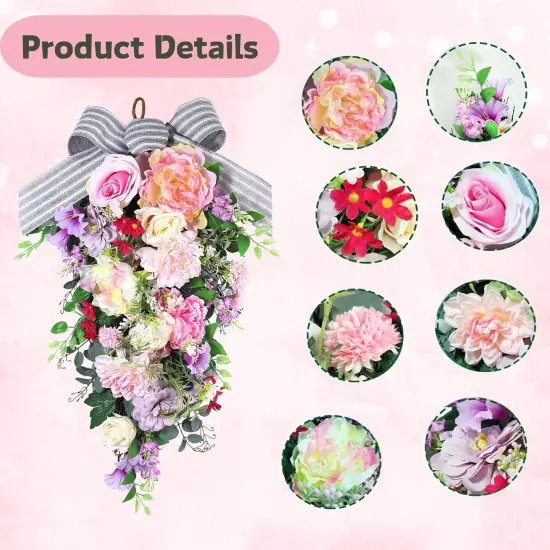 24-Inch Lighted Spring Peony Swag &ndash; Artificial Teardrop Wreath for Front Door {3}