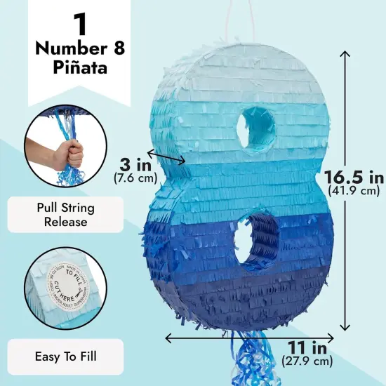 Blue Number 8 Pull String Pinata, Party Game for Kids, 16.5 x 11.3 In Fillable Hanging Decoration for 8th Birthday Decorations for Boys Girls, Holds Candy, Toys, Confetti {3}